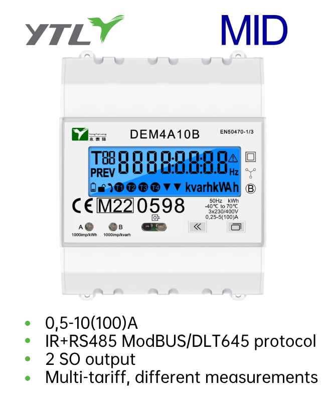 YTL 3 Phase 4 Wire MID Certificate Electricity Meter with IR / RS485 commnucation