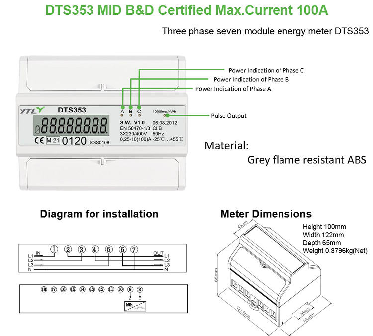 YTL DTS353 0.25-5(80)A DIN Rail Three Phase Power Meter Company MID Certified