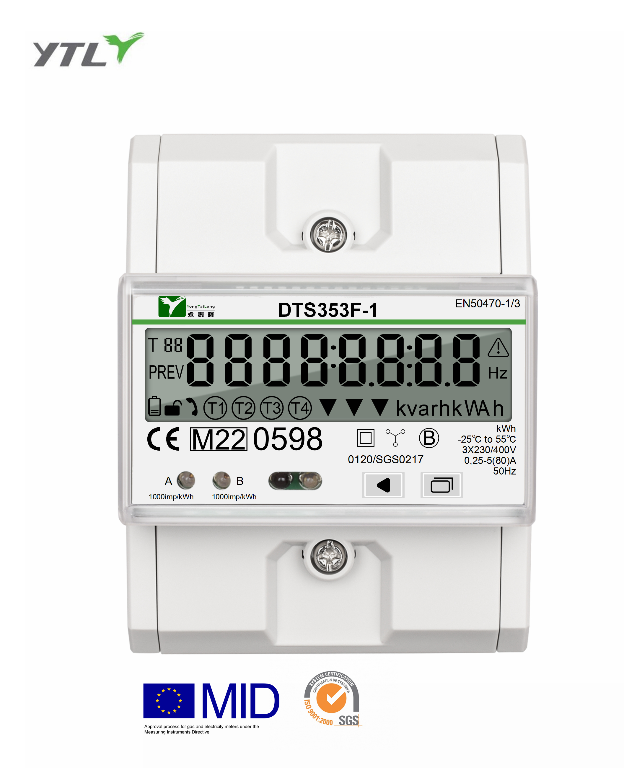 YTL DTS353F 5(80)A DIN rail 3 Phase 4 Module Two Channel MID Certificated Electric Digital Meter
