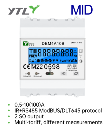 YTL DEM4A MAX 100A DIN Rail Three Phase 4 Module Electric Energy Meter MID Approved 
